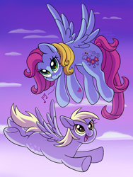 Size: 1500x2000 | Tagged: safe, artist:leopardsnaps, derpy hooves, thistle whistle, pegasus, pony, g3, g4, backlighting, cloud, cross-eyed, cute, derpabetes, derpy hooves can fly, duo, female, flying, g3 to g4, generation leap, generational ponidox, gradient background, hoof heart, mare, thistle whistle can fly, thistlebetes, underhoof, whistling