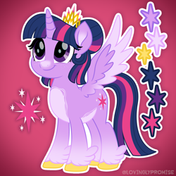 Size: 2000x2000 | Tagged: safe, artist:lovinglypromise, part of a set, twilight sparkle, alicorn, pony, g4, alternate design, alternate hairstyle, coat markings, colored hooves, colored pinnae, colored wings, facial freckles, facial markings, feathered fetlocks, female, freckles, full body, gradient background, hair bun, hooves, mare, movie accurate, pale belly, red background, reference sheet, simple background, snip (coat marking), solo, spread wings, twilight sparkle (alicorn), twilight's crown, twilight's cutie mark, two toned wings, wings