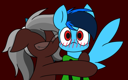 Size: 3466x2175 | Tagged: safe, artist:derpyalex2, oc, oc only, oc:cobalt chaser, oc:lunaria light, earth pony, pegasus, pony, blush lines, blushing, clothes, commission, digital art, duo, glasses, hoodie, hug, jacket, kissing, ponytail, red background, simple background, spread wings, surprised, wings, ych result