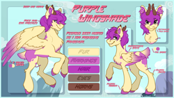 Size: 2564x1443 | Tagged: safe, artist:pureiitys, oc, oc only, oc:purple wingshade, deer, hybrid, original species, pegasus, pony, antlers, brown eyes, chest fluff, colored wings, ear fluff, feathered wings, fluffy, freckles, full body, hoof fluff, hooves, looking at you, multicolored wings, purple mane, reference sheet, smiling, smiling at you, smirk, smug, solo, spots, spread wings, wings, yellow coat