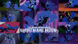 Size: 1280x721 | Tagged: safe, edit, edited screencap, editor:quoterific, screencap, nightmare moon, alicorn, pony, a royal problem, do princesses dream of magic sheep, friendship is magic, g4, luna eclipsed, my little pony: friendship is magic, princess twilight sparkle (episode), season 1, season 2, season 4, season 5, season 7, castle of the royal pony sisters, collage, concave belly, english, ethereal mane, ethereal tail, everfree forest, female, impossibly long mane, impossibly long tail, long mane, mare, ponyville town hall, slender, starry mane, starry tail, tail, tall, thin