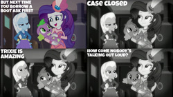 Size: 1280x720 | Tagged: safe, edit, edited screencap, editor:quoterific, screencap, rarity, spike, spike the regular dog, trixie, dog, human, equestria girls, g4, my little pony equestria girls: choose your own ending, rarity investigates: the case of the bedazzled boot, rarity investigates: the case of the bedazzled boot: trixie, detective rarity, dialogue, female, grayscale, holding a dog, holding a spike, male, monochrome, trio