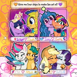 Size: 1879x1879 | Tagged: safe, artist:funnyk16, applejack, flash sentry, hitch trailblazer, izzy moonbow, rarity, sunny starscout, twilight sparkle, zipp storm, alicorn, earth pony, pegasus, pony, unicorn, g4, g5, abstract background, ball, blushing, cellphone, cheek squish, cheek to cheek, female, hoof around neck, horn, izzy's tennis ball, lesbian, looking at each other, looking at someone, male, mane stripe sunny, mare, nuzzling, phone, ship:flashlight, ship:moonscout, ship:rarijack, ship:stormblazer, shipping, side hug, smartphone, squishy cheeks, stallion, straight, tennis ball, twilight sparkle (alicorn)