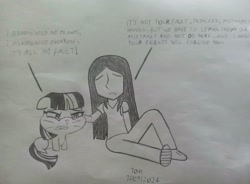 Size: 3264x2406 | Tagged: safe, artist:tom artista, twilight sparkle, cat, human, g4, animal, animal in mlp form, catified, drawing, duo, sad, sketch, species swap, traditional art