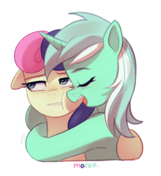 Size: 1929x2110 | Tagged: safe, artist:maren, bon bon, lyra heartstrings, sweetie drops, earth pony, pony, unicorn, g4, duo, duo female, eyes closed, female, floppy ears, horn, lesbian, ship:lyrabon, shipping, simple background, white background