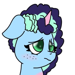 Size: 857x850 | Tagged: safe, artist:funnyk16, misty brightdawn, pony, unicorn, g5, female, floppy ears, horn, mare, sad, simple background, solo, white background