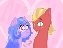 Size: 1548x1204 | Tagged: safe, artist:funnyk16, izzy moonbow, sprout cloverleaf, earth pony, pony, unicorn, g5, abstract background, blushing, duo, duo male and female, female, heart, horn, looking at each other, looking at someone, male, mare, missing horn, ship:izzysprout, shipping, stallion, straight