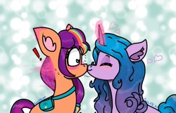 Size: 1193x767 | Tagged: safe, artist:funnyk16, izzy moonbow, sunny starscout, earth pony, pony, unicorn, g5, abstract background, blue coat, blushing, duo, duo female, eyes closed, female, glowing, glowing horn, heart, horn, kiss on the lips, kissing, lesbian, looking at someone, mane stripe sunny, mare, orange coat, ship:moonscout, shipping