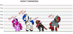 Size: 1712x790 | Tagged: safe, artist:strawberrywolv, oc, oc only, oc:astral thunder, oc:breezy belle, oc:spider lily, oc:spira, alicorn, changeling, pegasus, pony, alicorn oc, alternate universe, bell, bell collar, collar, colored wings, group, horn, neckerchief, quartet, raised hoof, size chart, size comparison, two toned wings, wings