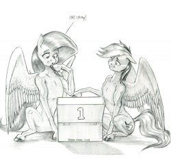 Size: 1400x1365 | Tagged: safe, artist:baron engel, fluttershy, rainbow dash, pegasus, pony, duo, duo female, female, mare, monochrome, oh my, pencil drawing, simple background, story included, traditional art, white background