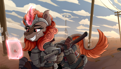 Size: 3760x2150 | Tagged: safe, artist:singovih, oc, oc only, oc:scarlet flame, kirin, fallout equestria, armor, cactus, clothes, female, injured, kirin oc, magic, mare, outdoors, road, sky, smiling, solo, steam, sword, telekinesis, wasteland, weapon