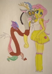 Size: 2529x3574 | Tagged: safe, anonymous artist, discord, fluttershy, draconequus, equestria girls, g4, best friend, best friends, clothes, colored, duo, duo male and female, excited, female, friend, friends, grin, hug, male, shirt, sleeveless, sleeveless shirt, smiling, tank top, traditional art