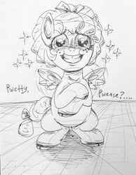 Size: 827x1066 | Tagged: safe, artist:pinkamenademonpie, cozy glow, pegasus, g4, cute, female, filly, foal, monochrome, rubbing hooves, simple background, smiling, solo, traditional art, white background