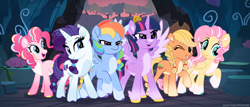 Size: 4000x1718 | Tagged: safe, artist:lovinglypromise, applejack, fluttershy, pinkie pie, rainbow dash, rarity, twilight sparkle, alicorn, pony, g4, alternate design, cloven hooves, crown, jewelry, mane six, regalia, twilight sparkle (alicorn)