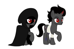 Size: 3000x2000 | Tagged: safe, artist:messy sketch, king sombra, unicorn, g4, bags under eyes, bandage, black, black cloak, black mane, blue, bruised, cloak, clothes, colt, colt sombra, foal, gray, gray coat, horn, injured, male, raised hoof, red, red eyes, simple background, solo, tired, tired eyes, white, white background