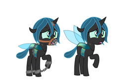 Size: 3000x2000 | Tagged: safe, artist:messy sketch, queen chrysalis, changeling, g4, ankle cuffs, black, black coat, blue, blue mane, bound wings, chained, chains, cuffs, female, filly, filly queen chrysalis, foal, green, green eyes, horn, horn ring, injured, magic suppression, muzzle, raised hoof, ring, sad eyes, sad face, simple background, solo, white background, wings, young queen chrysalis, younger