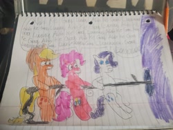 Size: 4032x3024 | Tagged: safe, artist:batman714, applejack, pinkie pie, rarity, pony, g4, black vine, female, lined paper, pulling, singing, traditional art, tree, trio, trio female