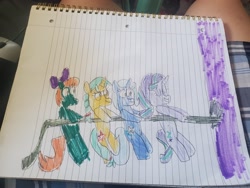 Size: 4032x3024 | Tagged: safe, artist:batman714, citrine spark, peppermint goldylinks, starlight glimmer, trixie, pony, g4, friendship student, lined paper, pulling, rope, traditional art, tree