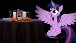 Size: 1920x1080 | Tagged: safe, artist:jp, edit, editor:mlpfan3991, twilight sparkle, alicorn, pony, g4, chicken wings, female, foreshadowing, happy, hot ones, hot sauce, hot wings, irl, mare, milk, photo, sitting, solo, spread wings, this will end in pain, twilight sparkle (alicorn), wings