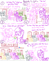 Size: 4779x6013 | Tagged: safe, artist:adorkabletwilightandfriends, bon bon, pinkie pie, sweetie drops, tree hugger, twilight sparkle, oc, oc:kat, alicorn, comic:adorkable twilight and friends, g4, adorkable, adorkable twilight, cafe, comic, confused, cough, coughing, cupcake, cute, dork, downtown, food, funny, happy, hug, humor, line, outdoors, ponyville, question, sidwalk, sign, silence, slice of life, smiling, town, trash can, twilight sparkle (alicorn), waiting, waving