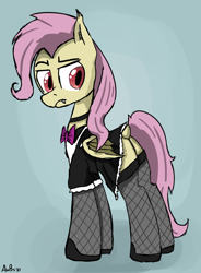 Size: 1602x2178 | Tagged: safe, artist:aubs, artist:derpy_fan, fluttershy, bat pony, pony, g4, bat ponified, butt, clothes, dock, female, fishnet clothing, fishnet stockings, flutterbat, flutterbutt, maid, mare, newbie artist training grounds, plot, race swap, solo, stockings, tail, thigh highs