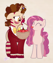 Size: 668x794 | Tagged: safe, artist:lullapiies, oc, oc only, oc:lullapie, oc:maverick, hybrid, pegasus, pony, zony, basket, duo, female, food, mare, mouth hold, simple background, strawberry