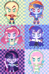 Size: 2730x4096 | Tagged: safe, artist:kkk8372178, applejack, fluttershy, pinkie pie, rainbow dash, rarity, twilight sparkle, human, equestria girls, g4, apron, checkered background, chibi, clothes, colored pupils, female, flower, flower in hair, glasses, glasses on head, goggles, goggles on head, humane five, humane six, looking at you, pincushion, rarity's glasses, round glasses, scissors, scroll, server pinkie pie