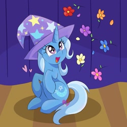 Size: 1917x1917 | Tagged: safe, artist:czscribbles, trixie, pony, unicorn, g4, clothes, cute, diatrixes, female, floating heart, flower, happy, hat, heart, horn, mare, open mouth, sitting, smiling, solo, stage, starry eyes, trixie's hat, wingding eyes