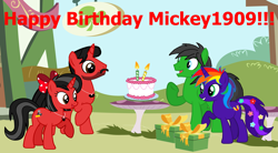 Size: 11355x6287 | Tagged: safe, artist:mickey1909, artist:star-armour95, oc, oc only, oc:mickey motion, oc:minnie motion, oc:rainbow flower, oc:star armour, pegasus, unicorn, bow, cake, candle, female, food, hair bow, happy birthday, horn, male, mushroom table, present