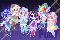 Size: 1600x1060 | Tagged: safe, artist:kkk8372178, applejack, fluttershy, pinkie pie, rainbow dash, rarity, twilight sparkle, human, equestria girls, g4, beanbrows, boots, clothes, dress, eyebrows, eyebrows visible through hair, female, hands together, hat, headset mic, humane five, humane six, looking at you, micro, necktie, shoes, starry eyes, top hat, wingding eyes