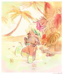 Size: 1071x1255 | Tagged: safe, artist:leruwew, oc, oc only, earth pony, fish, pony, beach, female, flower, flower in hair, food, mare, mouth hold, ocean, palm tree, passepartout, ponies eating meat, ponies eating seafood, sand, seafood, solo, tree, tropical, water