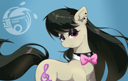 Size: 1486x948 | Tagged: safe, artist:stec-corduroyroad, derpibooru exclusive, octavia melody, earth pony, pony, g4, black eyeshadow, bowtie, choker, collar, commission, ear piercing, eyeshadow, female, gradient background, lidded eyes, makeup, mare, necktie, piercing, solo, spiked choker