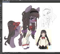 Size: 1028x923 | Tagged: safe, artist:leruwew, earth pony, human, pony, bow, bowtie, braid, clothes, female, glasses, hairband, homura akemi, magical girl, necktie, ponified, puella magi madoka magica, school uniform, solo, tail, tail bow