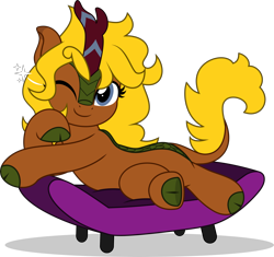 Size: 5319x5000 | Tagged: safe, artist:jhayarr23, oc, oc only, oc:caramel gold, kirin, fallout equestria, cloven hooves, commission, commissioner:solar aura, couch, fallout, gray eyes, green hooves, green scales, horn, kirin horn, kirin oc, lying down, one eye closed, one eye open, scales, simple background, solo, tail, transparent background, wink, yellow mane, yellow tail, your character here