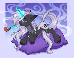 Size: 2664x2090 | Tagged: safe, artist:rozmed, oc, oc only, oc:penumbra shard, pony, unicorn, fanfic:iron hearts, amulet, chaos star, countershading, crossed legs, ear fluff, glasses, gradient background, hooves, horn, jewelry, magic, passepartout, pillow, pipe, smoke, smoking, solo, spine, sternocleidomastoid, telekinesis, thin, unicorn oc, unshorn fetlocks