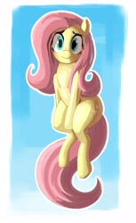 Size: 2509x4096 | Tagged: safe, artist:_ton618_, part of a set, fluttershy, pegasus, pony, g4, clothes, gold swimsuit, looking at you, one-piece swimsuit, passepartout, sitting, smiling, smiling at you, solo, swimsuit