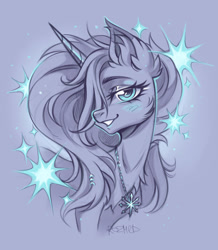 Size: 1554x1784 | Tagged: safe, artist:rozmed, oc, oc only, oc:penumbra shard, unicorn, fanfic:iron hearts, amulet, bust, chaos star, cheek fluff, chest fluff, ear fluff, female, horn, jewelry, looking at you, portrait, smiling, smiling at you, solo, sparkles, unicorn oc