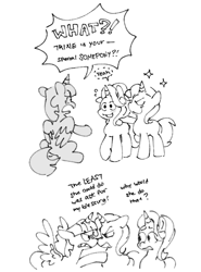 Size: 539x728 | Tagged: safe, artist:driftwoodpony, starlight glimmer, trixie, twilight sparkle, alicorn, pony, unicorn, g4, no second prances, dialogue, female, grayscale, horn, lesbian, mare, monochrome, ship:startrix, shipping, simple background, sparkles, speech bubble, trio, trio female, twilight sparkle (alicorn), white background, yelling