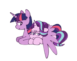 Size: 411x326 | Tagged: safe, artist:driftwoodpony, starlight glimmer, twilight sparkle, alicorn, pony, unicorn, g4, duo, duo female, female, frown, horn, lesbian, lying down, mare, prone, simple background, smiling, twilight sparkle (alicorn), white background, wing blanket, winghug, wings