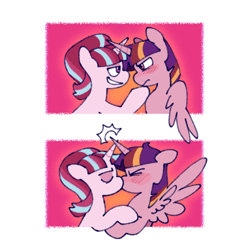 Size: 550x552 | Tagged: safe, artist:driftwoodpony, starlight glimmer, twilight sparkle, alicorn, pony, unicorn, g4, 2 panel comic, blushing, comic, duo, duo female, eyes closed, female, horn, horns are touching, kiss on the lips, kissing, lesbian, mare, s5 starlight, ship:twistarlight, shipping, solo, spread wings, twilight sparkle (alicorn), wingboner, wings