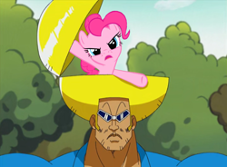 Size: 1382x1016 | Tagged: safe, edit, editor:umsx, pinkie pie, earth pony, human, pony, g4, my little pony: friendship is magic, over a barrel, bobobo, bobobo-bo bo-bobo, screenshots, shitposting