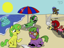 Size: 5988x4482 | Tagged: safe, artist:grassy blade, oc, oc only, oc:callis, oc:grassy blade, oc:honeysuckle, oc:nightlight, oc:poison splash, oc:slish slosh, oc:violent tendency, breezie, changeling, earth pony, goo, goo pony, original species, pegasus, pony, unicorn, vampire, vampony, beach, beach ball, breezie oc, chillaxing, ear piercing, earring, goggles, horn, jewelry, ocean, piercing, umbrella, volleyball net, water