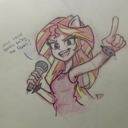 Size: 2066x2066 | Tagged: safe, artist:sunshimm supremacy, sunset shimmer, human, rainbow rocks 10th anniversary, equestria girls, g4, my little pony equestria girls: rainbow rocks, microphone, pencil drawing, singing, sketch, thin, traditional art