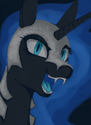 Size: 566x781 | Tagged: safe, artist:stray prey, nightmare moon, alicorn, pony, g4, black background, blue mouth, blue tongue, bust, colored mouth, colored tongue, ethereal mane, fangs, female, helmet, looking at you, mare, nightmare moon armor, open mouth, portrait, simple background, slit pupils, solo