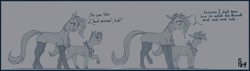 Size: 4600x1300 | Tagged: safe, artist:stray prey, oc, oc only, oc:acidia, oc:lucent, pony, unicorn, 2 panel comic, comic, concave belly, duo, duo male and female, female, height difference, horn, male, side view, slender, thin, unicorn oc