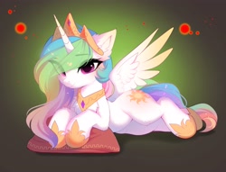 Size: 4096x3133 | Tagged: safe, alternate character, alternate version, artist:empress-twilight, princess celestia, alicorn, pony, g4, blushing, cheek fluff, chest fluff, commission, crown, cute, cutelestia, ear fluff, eye clipping through hair, eyebrows, eyebrows visible through hair, female, gradient background, high res, hoof shoes, horn, jewelry, looking at you, lying down, mare, peytral, pillow, princess shoes, regalia, smiling, smiling at you, solo, spread wings, wings, ych result