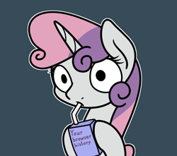 Size: 2048x1814 | Tagged: safe, artist:ewoudcponies, sweetie belle, pony, unicorn, g4, blue background, bust, dark blue background, drink, drinking, female, filly, foal, hoof hold, horn, juice, juice box, no iris, outline, simple background, solo, text, white outline