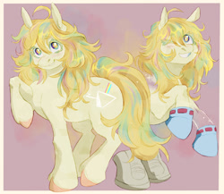 Size: 1500x1300 | Tagged: safe, artist:abbytabbys, part of a set, crystal pony, earth pony, pony, abstract background, ahoge, anime, blonde eyelashes, blonde mane, blonde tail, blush lines, blushing, border, clothes, colored eyelashes, colored hooves, costume, duality, eye clipping through hair, female, gloves, hoof gloves, hoof shoes, hooves, invisibility, lace up, long mane, long tail, looking up, multicolored eyes, multicolored mane, multicolored tail, my hero academia, passepartout, pink hooves, ponified, raised hoof, rearing, requested art, shiny mane, shiny tail, shoes, smiling, solo, sparkly coat, sparkly mane, sparkly tail, standing on three hooves, superhero costume, tail, teenager, three quarter view, toru hagakure, two toned eyelashes, unshorn fetlocks, wall of tags, white pupils, yellow coat