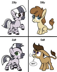 Size: 1620x2046 | Tagged: safe, artist:fillyfool, oc, oc only, donkey, zebra, g4, angry, chart, colt, crossbreed, cute, ears back, female, filly, foal, full body, insult, insulted, male, nose wrinkle, nostril flare, pun, raised hoof, simple background, sitting, smiling, snorting, speech bubble, standing, stripes, text, white background