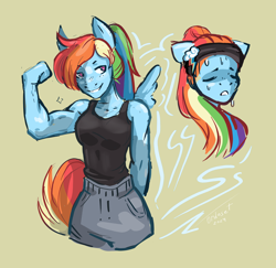 Size: 3136x3054 | Tagged: safe, artist:ordoset, rainbow dash, pegasus, anthro, g4, bicep, clothes, female, flexing, grin, muscles, pants, rainbuff dash, simple background, smiling, solo, sweat, sweatband, sweating profusely, sweatpants, tank top